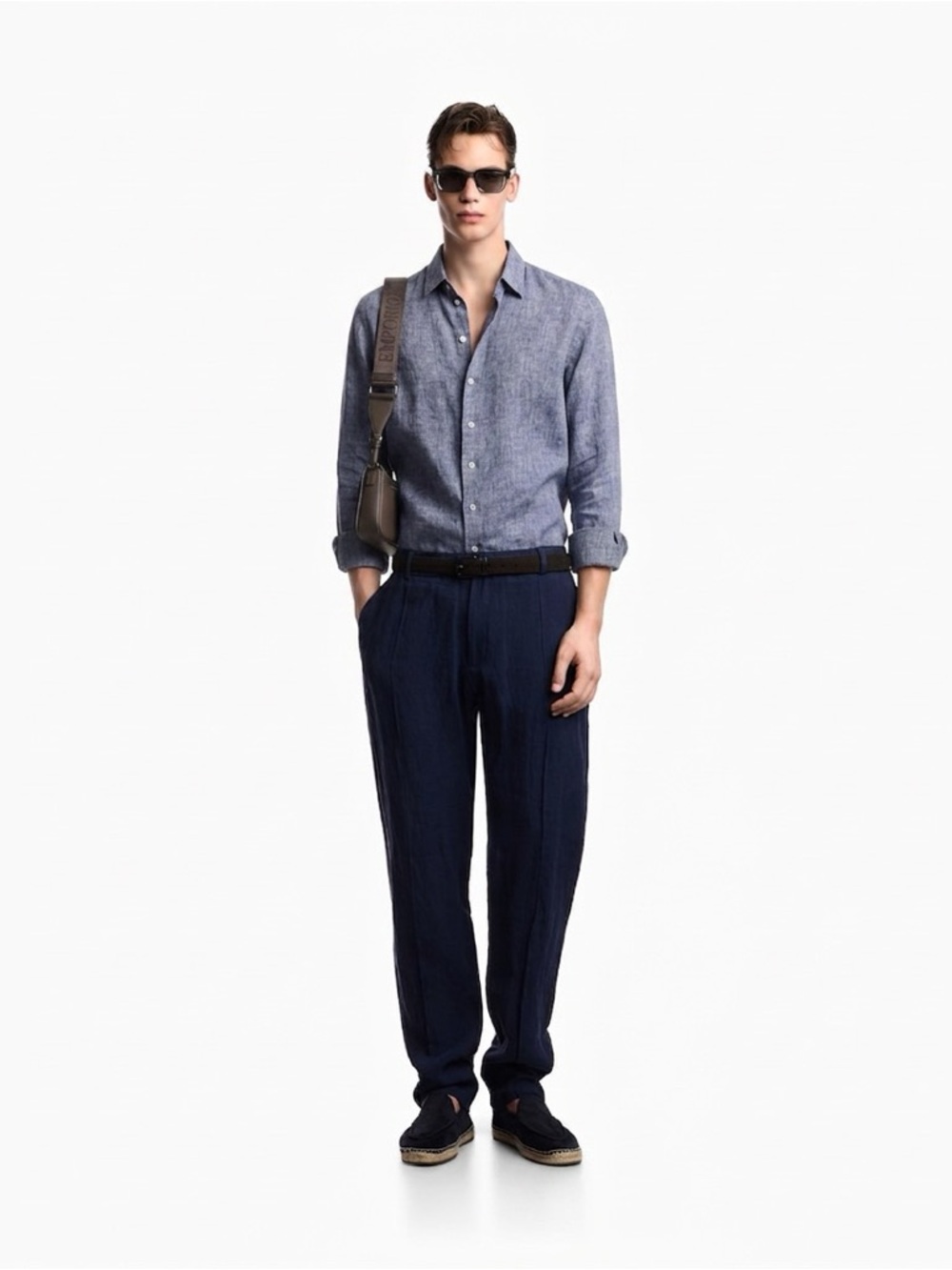 Emporio Armani Blue Linen-Blend Casual Button-Down Shirt Limited